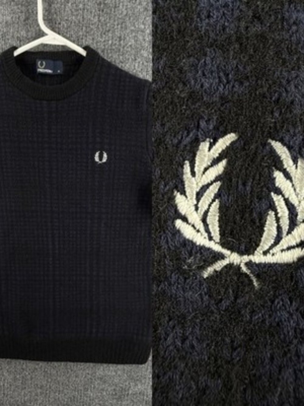 Fred Perry Thick Crew Neck Wool Cotton XS Pullover Logo Black Sweater Designer